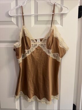 Silky Lace Trim Cami Tank Top - Brown/Cream